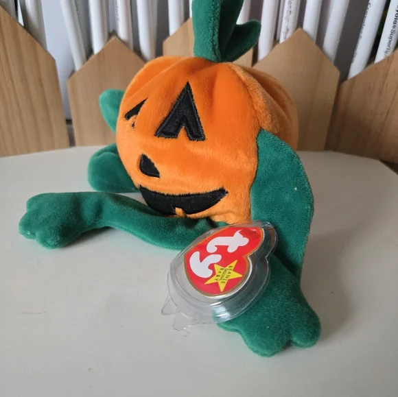 Ty 1998 pumpk'n the pumpkin beanie baby jack-o-lantern tag with cover orange 90s - Picture 8 of 16